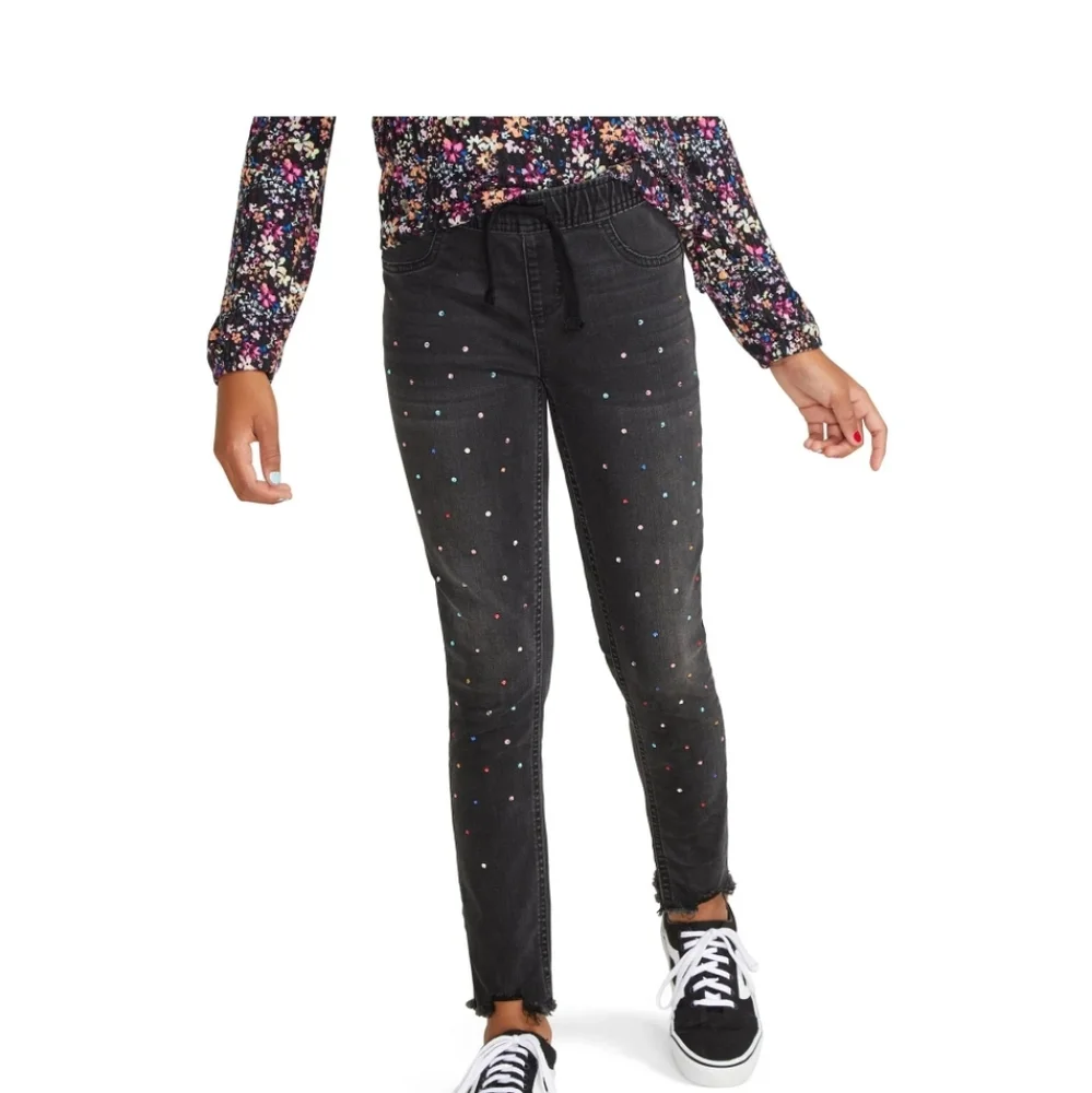 Justice Black Denim Jeggins Soft & Comfy Multi Colored‎ Beads Sz 14 Youth Nwt